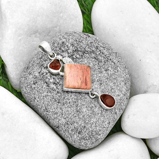 Pink Tulip Quartz, Garnet & Tourmaline Rough Pendant P-1414 SDP131465