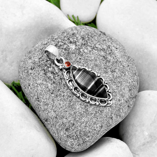 Crown Of Silver Psilomelane - Black Malachite & Garnet Pendant P-1080 SDP131805