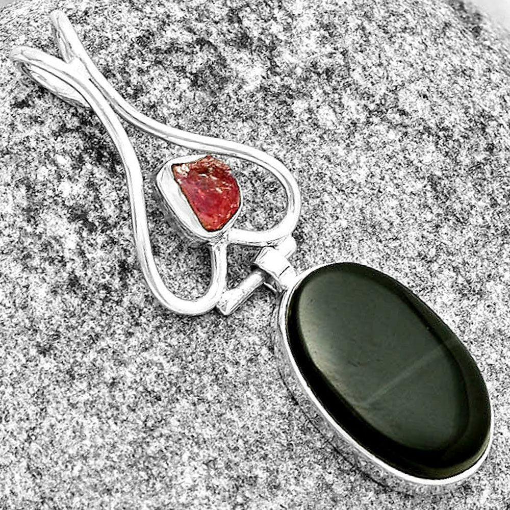 Black Lace Obsidian & Pink Tourmaline Rough Pendant P-1542 SDP132106