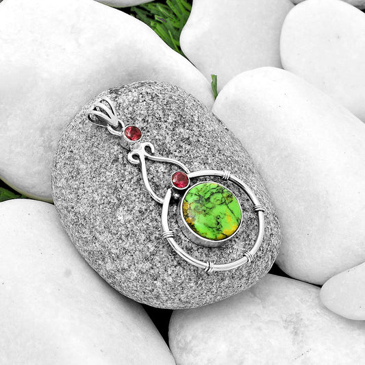 Natural Green Matrix Turquoise & Garnet Pendant P-1075 SDP134953