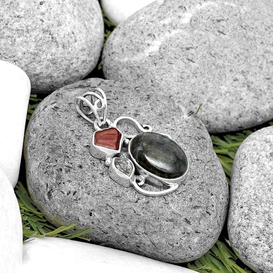 Indigo Gabbro, Garnet & Herkimer Diamond Pendant P-1557 SDP135367