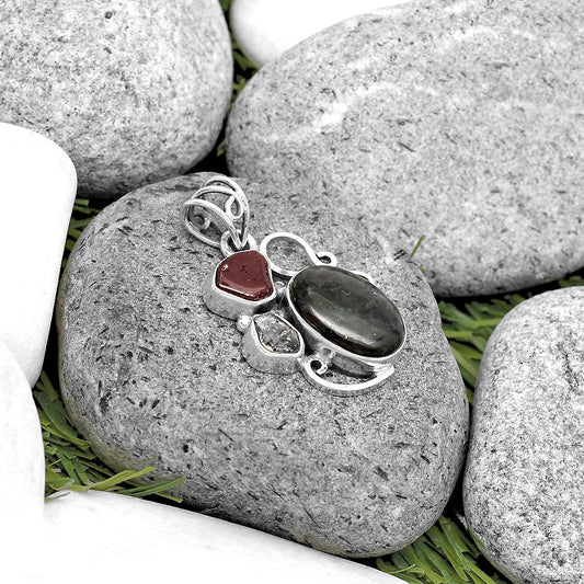 Indigo Gabbro, Garnet & Herkimer Diamond Pendant P-1557 SDP135371