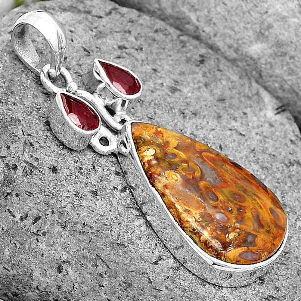 Natural Palm Root Fossil Agate & Garnet Pendant P-1083 SDP135592