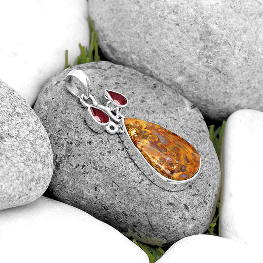 Natural Palm Root Fossil Agate & Garnet Pendant P-1083 SDP135592