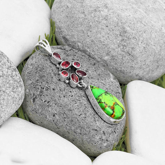 Natural Green Matrix Turquoise & Garnet Pendant P-1101 SDP135791