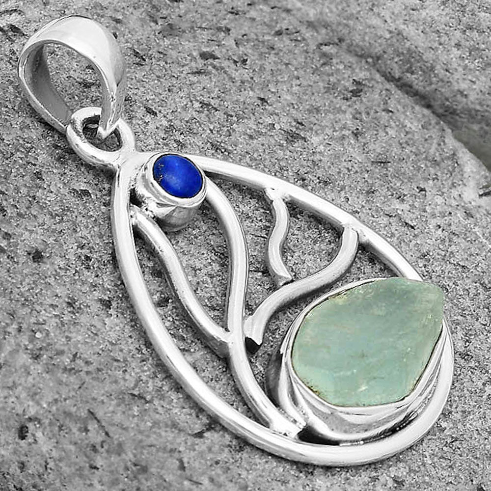 Natural Aquamarine Rough & Lapis Lazuli Pendant P-1572 SDP136010
