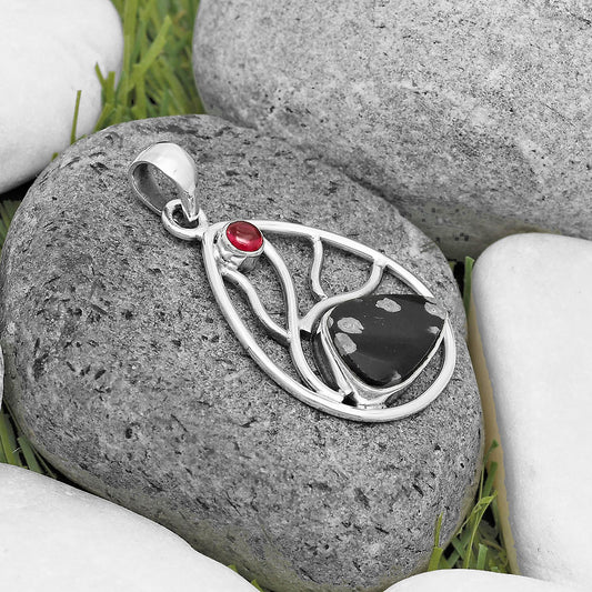 Natural Snow Flake Obsidian & Garnet Pendant P-1572 SDP136025