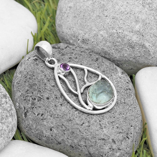 Aquamarine Rough - Brazil & Amethyst Pendant P-1572 SDP136038