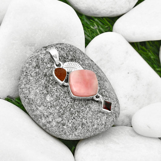 Guava Quartz, Sunstone Rough & Garnet Pendant P-1414 SDP137736