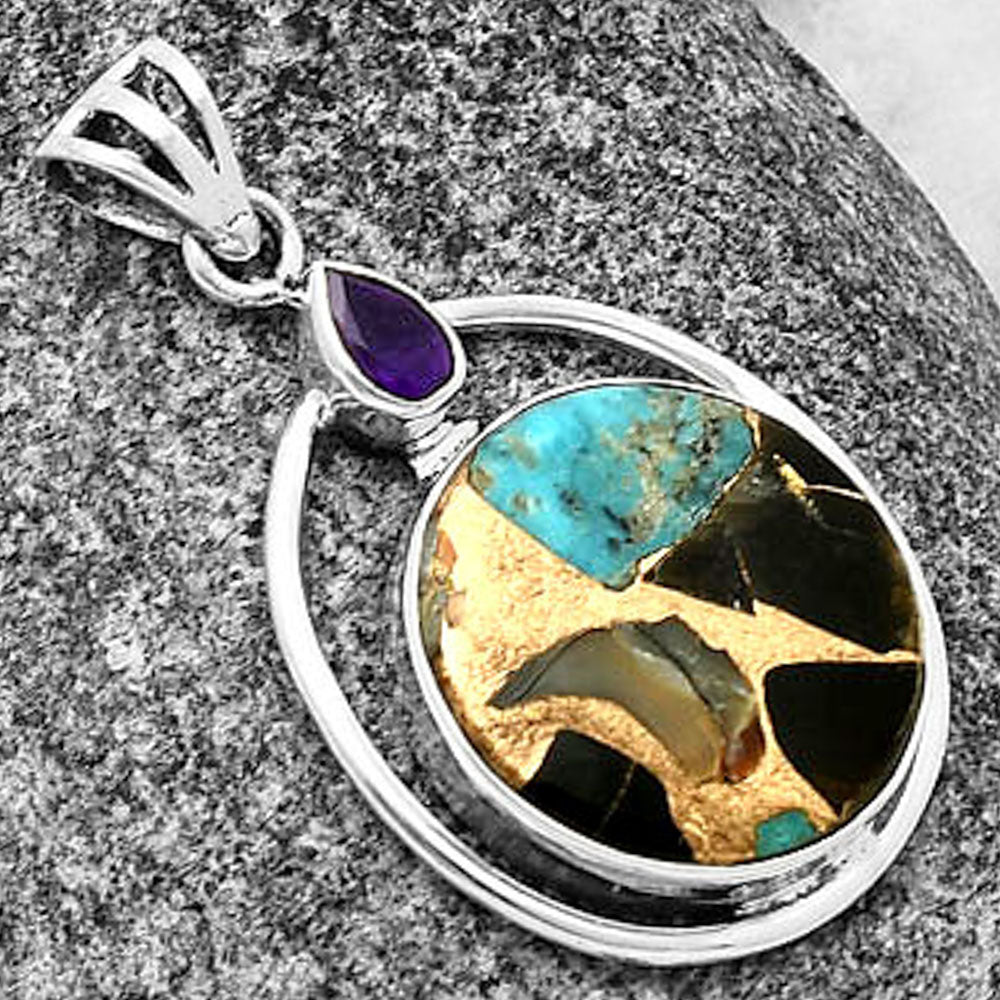 Shell In Black Blue Turquoise & Amethyst Pendant P-1005 SDP139267