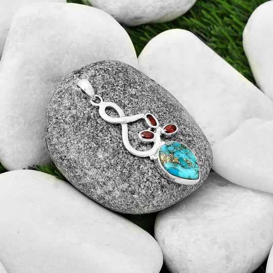 Natural Kingman Turquoise With Pyrite & Garnet Pendant P-1118 SDP139385
