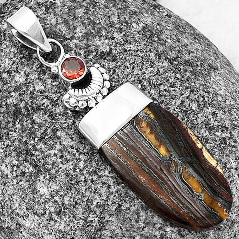 Crescent Moon Iron Tiger Eye & Garnet Pendant P-1453 SDP141031