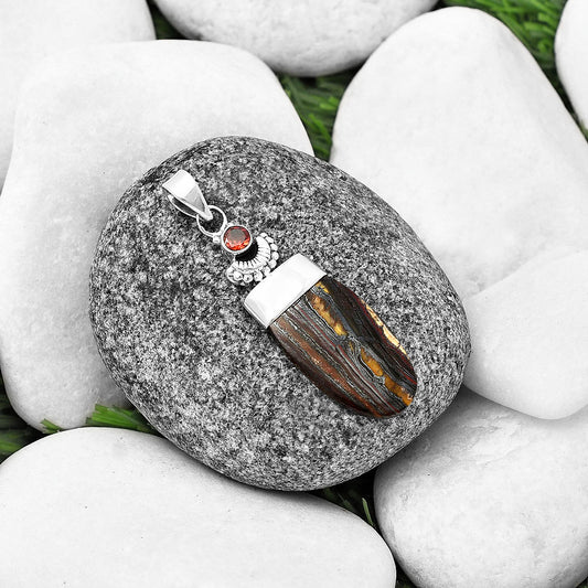 Crescent Moon Iron Tiger Eye & Garnet Pendant P-1453 SDP141031