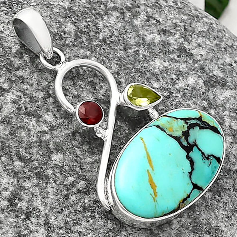 Lucky Charm Tibetan Turquoise, Peridot & Garnet Pendant P-1027 SDP141151