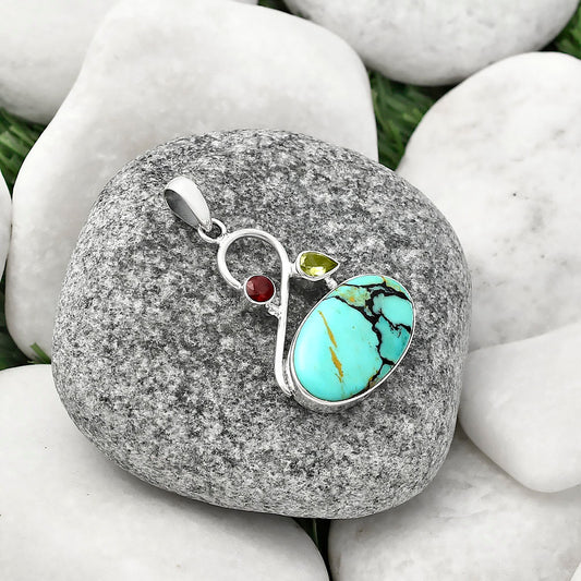 Lucky Charm Tibetan Turquoise, Peridot & Garnet Pendant P-1027 SDP141151