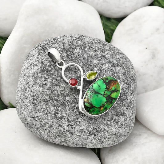 Green Matrix Turquoise, Peridot & Garnet Pendant P-1027 SDP141155