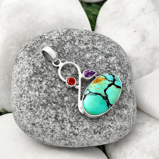 Lucky Charm Tibetan Turquoise, Amethyst & Garnet Pendant P-1027 SDP141164