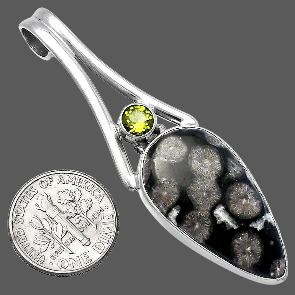 Black Flower Fossil Coral & Peridot Pendant P-1006 SDP142978