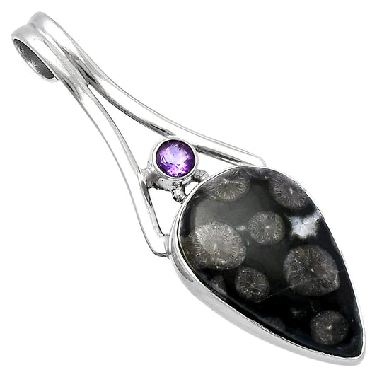 Black Flower Fossil Coral & Amethyst Pendant P-1006 SDP142982
