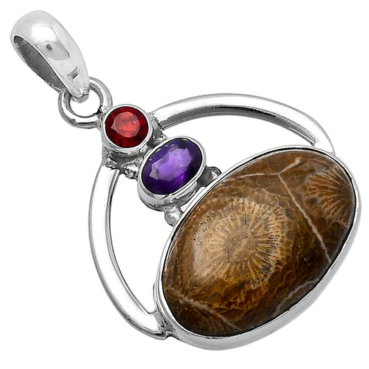 Natural Flower Fossil Coral, Amethyst & Garnet Pendant P-1129 SDP143079