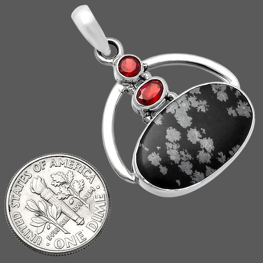 Natural Snow Flake Obsidian & Garnet Pendant P-1129 SDP143098