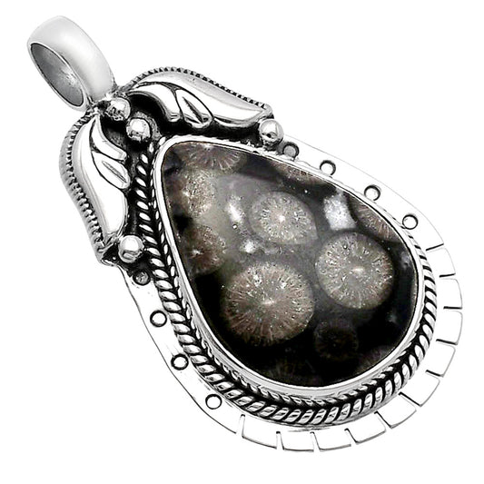 Natural Black Flower Fossil Coral Pendant P-1568 SDP144201
