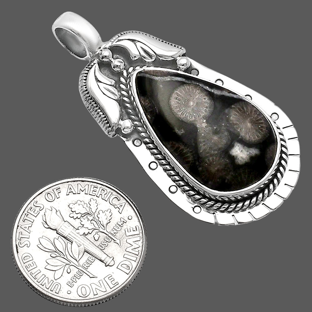 Natural Black Flower Fossil Coral Pendant P-1568 SDP144228