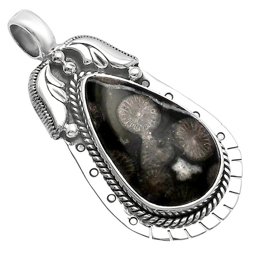 Natural Black Flower Fossil Coral Pendant P-1568 SDP144228