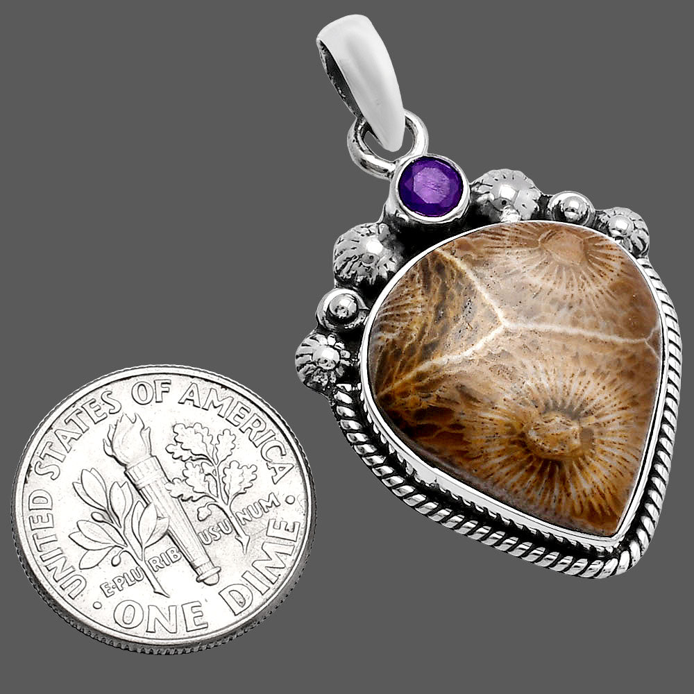Flower Fossil Coral & Amethyst Pendant P-1482 SDP144368