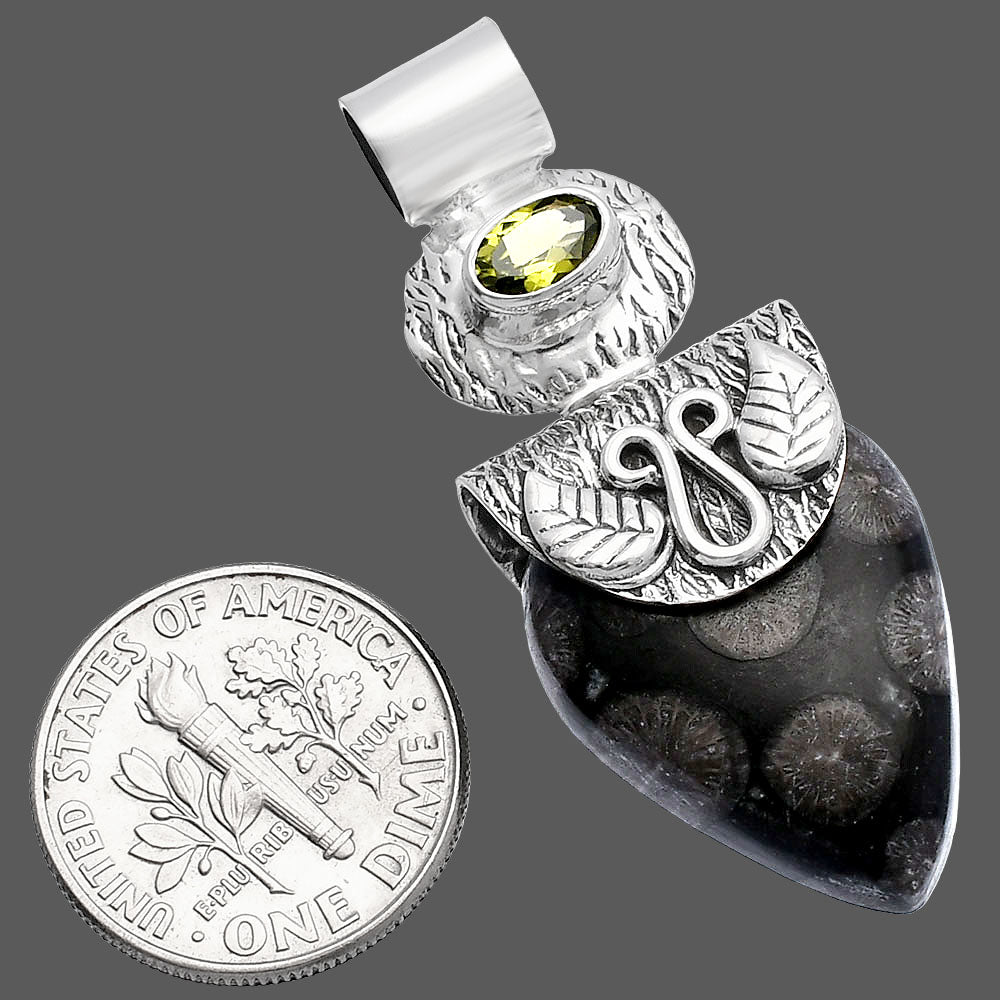 Black Flower Fossil Coral & Peridot Pendant P-1545 SDP144518
