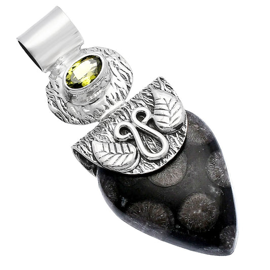 Black Flower Fossil Coral & Peridot Pendant P-1545 SDP144518