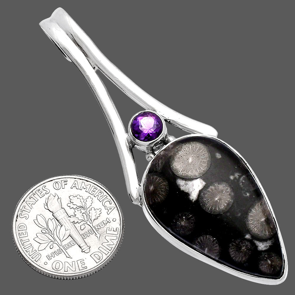 Black Flower Fossil Coral & Amethyst Pendant P-1006 SDP144667