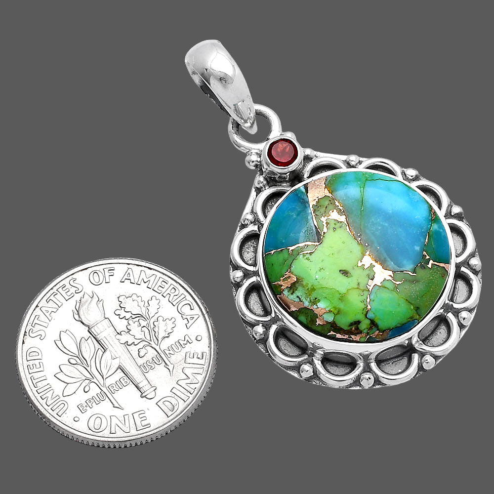 Blue Turquoise In Green Mohave and Garnet Pendant P-1080 SDP145062
