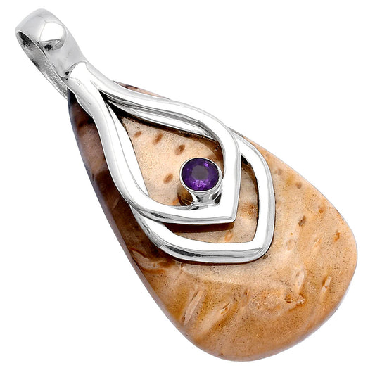 Palm Root Fossil Agate & Amethyst Pendant P-1562 SDP145107