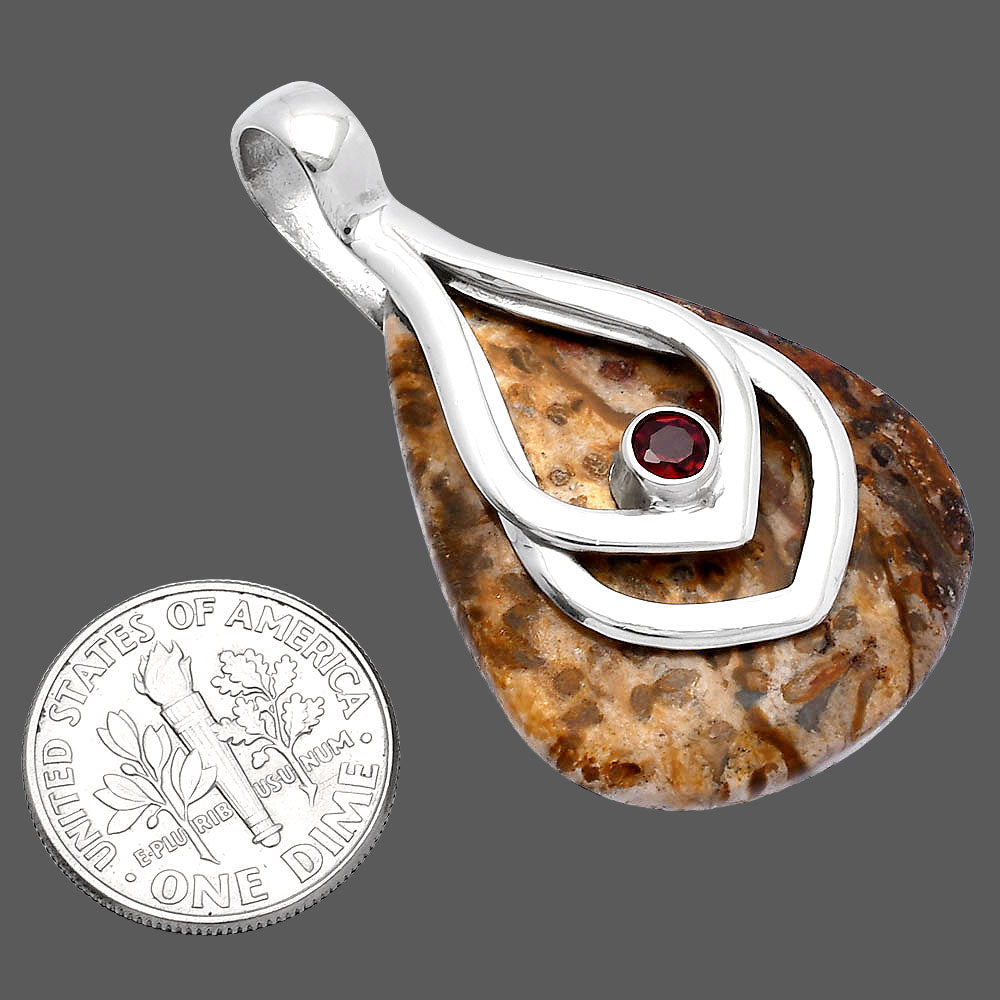 Palm Root Fossil Agate & Garnet Pendant P-1562 SDP145120