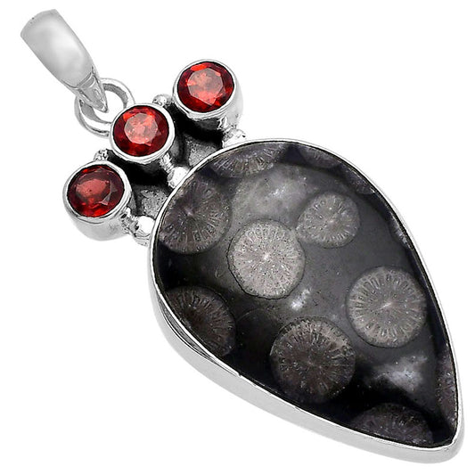 Black Flower Fossil Coral & Garnet Pendant P-1120 SDP145327