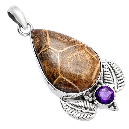 Flower Fossil Coral & Amethyst Pendant P-1127 SDP145933