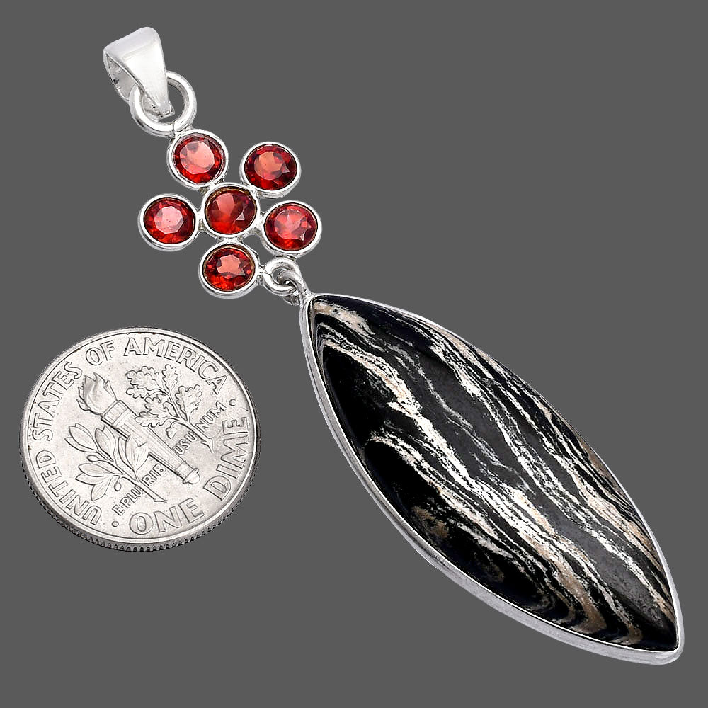 Natural Silver Leaf Obsidian & Garnet Pendant P-1122 SDP146697