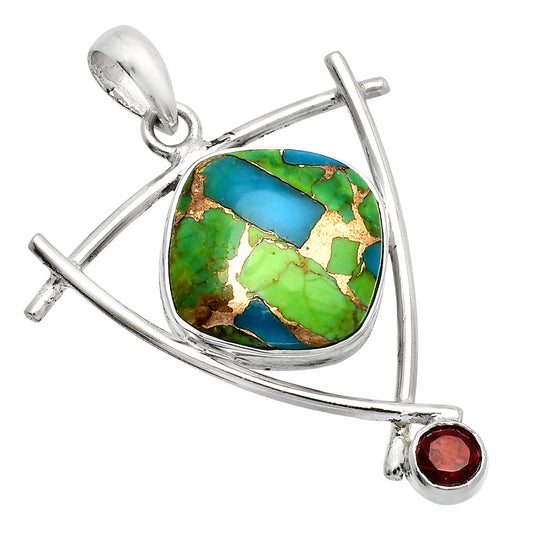 Blue Turquoise In Green Mohave - USA & Garnet Pendant P-1499 SDP146753