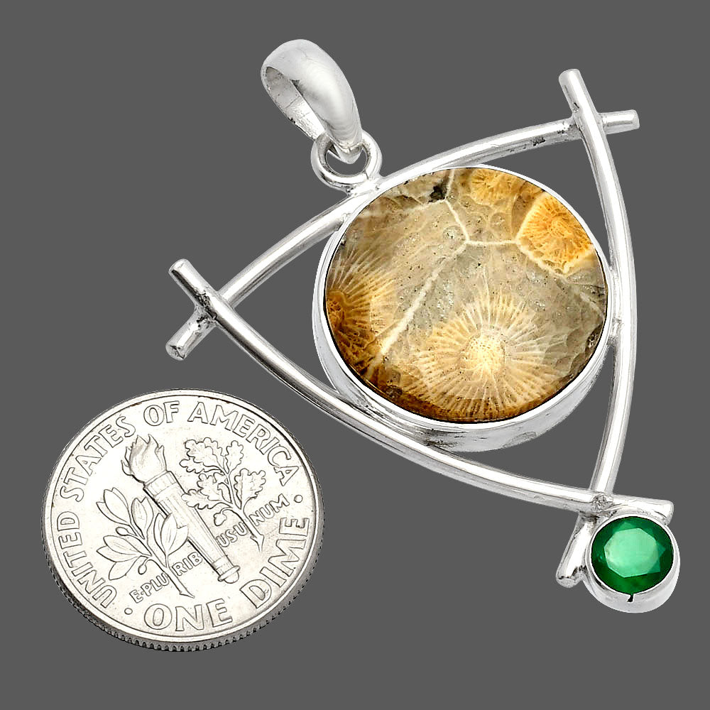 Flower Fossil Coral & Green Onyx Pendant P-1499 SDP146773
