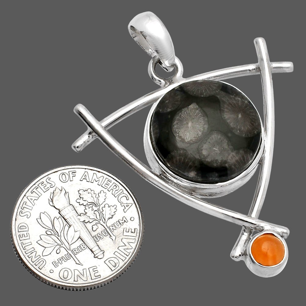 Black Flower Fossil Coral & Carnelian Pendant P-1499 SDP146778