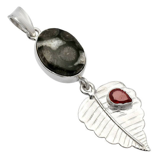 Black Flower Fossil Coral & Garnet Pendant P-1539 SDP146832