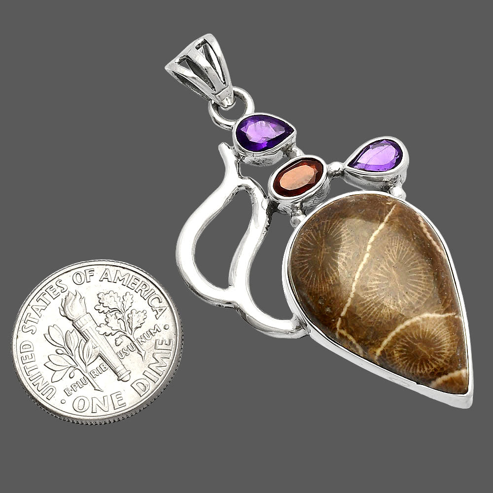 Flower Fossil Coral, Amethyst & Garnet Pendant P-1290 SDP147304