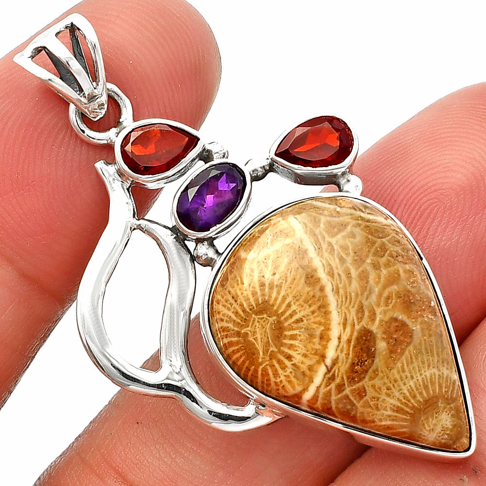 Flower Fossil Coral, Amethyst & Garnet Pendant P-1290 SDP147319
