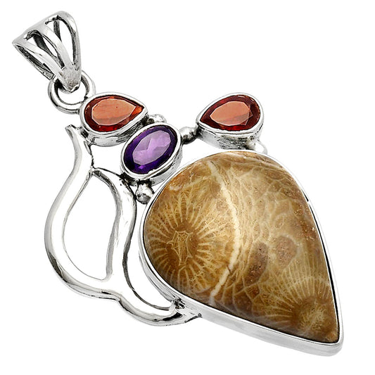 Flower Fossil Coral, Amethyst & Garnet Pendant P-1290 SDP147319