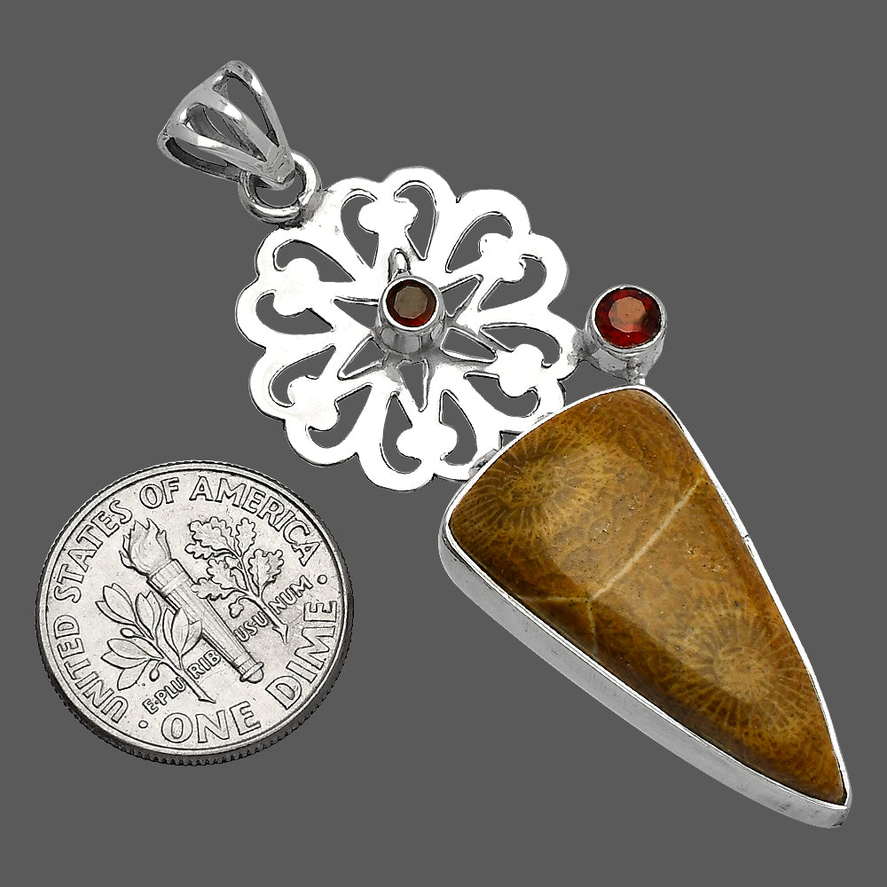 Flower Fossil Coral & Garnet Pendant P-1228 SDP147480