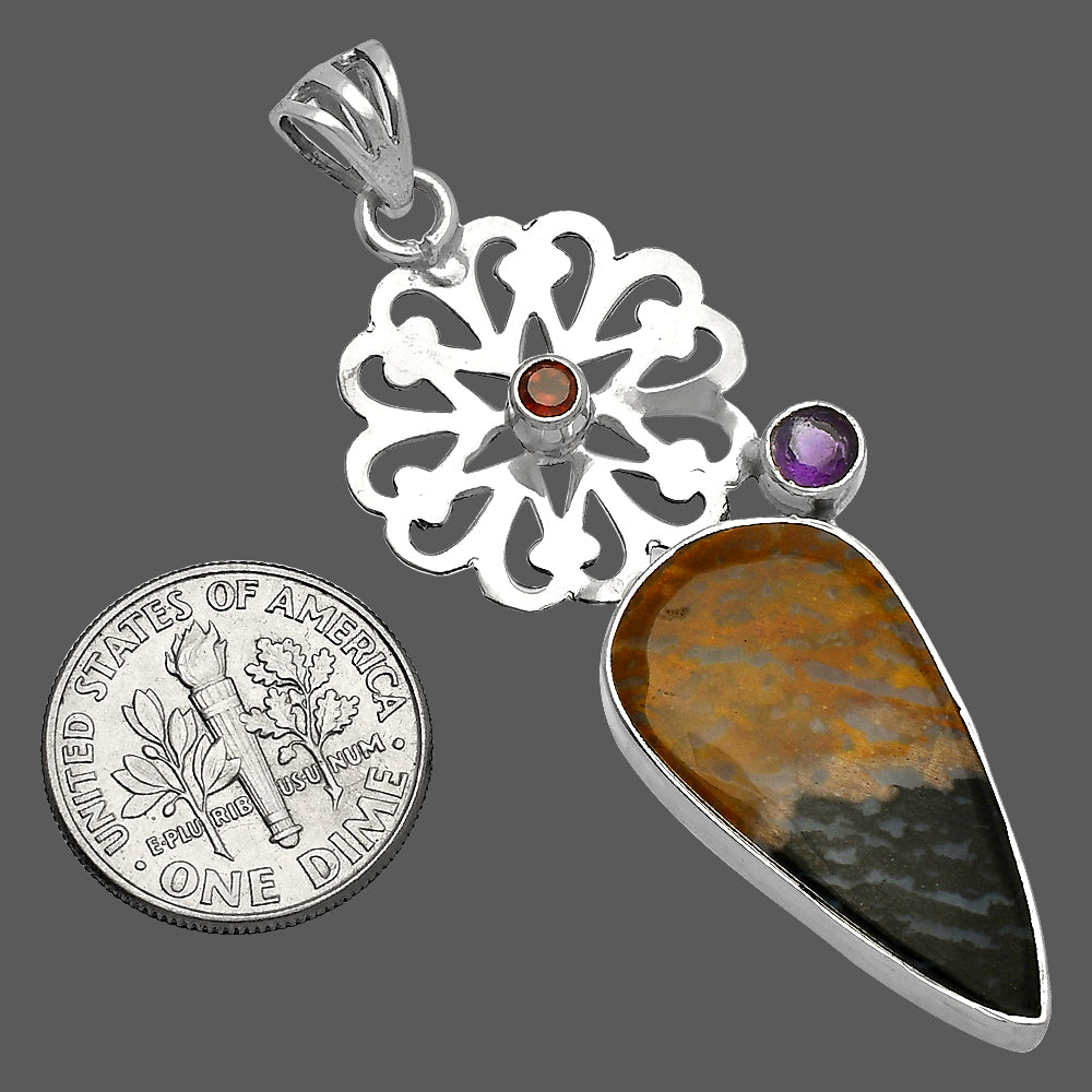 Palm Root Fossil Agate, Amethyst & Garnet Pendant P-1228 SDP147530