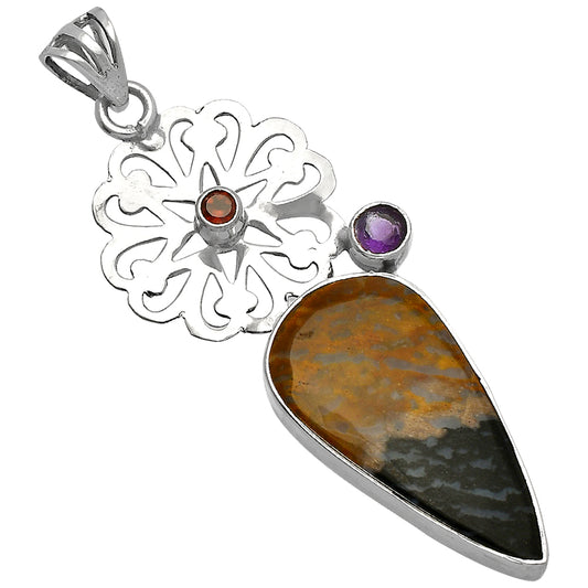 Palm Root Fossil Agate, Amethyst & Garnet Pendant P-1228 SDP147530