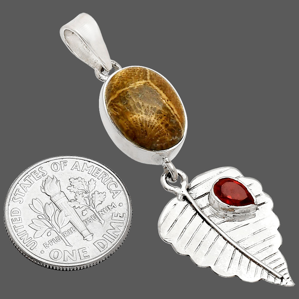 Leaf - Flower Fossil Coral & Garnet Pendant P-1539 SDP148214