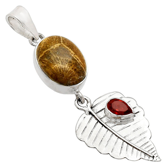 Leaf - Flower Fossil Coral & Garnet Pendant P-1539 SDP148214